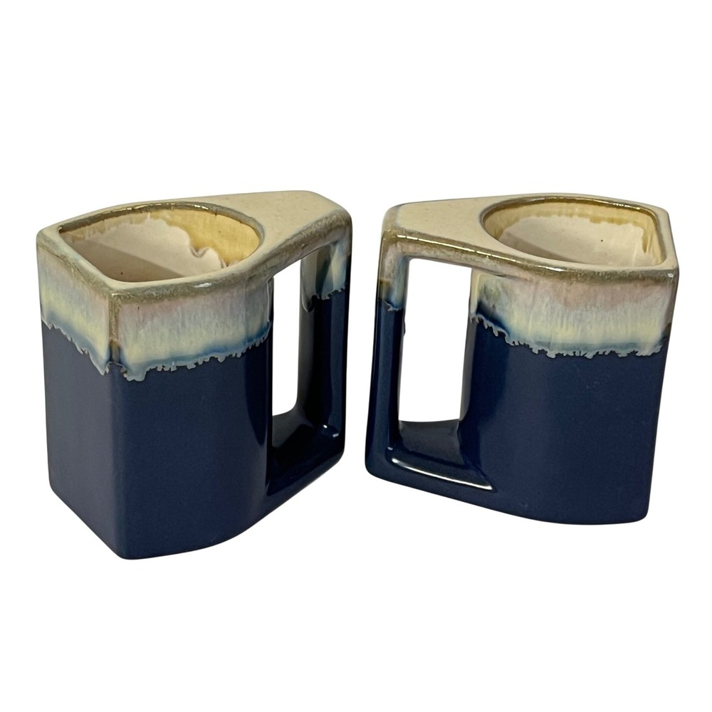 Set/2 Rodolfo Padilla Stoneware Pottery Teal Blue Beige Ombré Coffee Mugs Signed